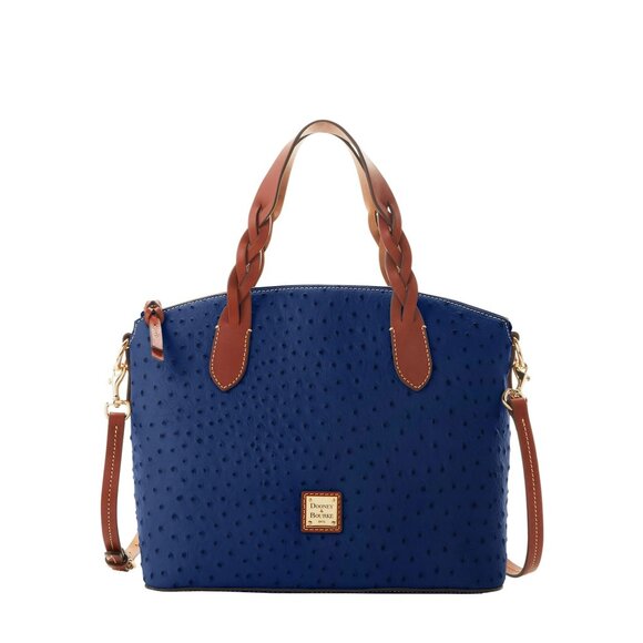 Dooney & Bourke Blue Ostrich Leather Celeste Satchel Shoulder Bag Brown Purse - Picture 1 of 11